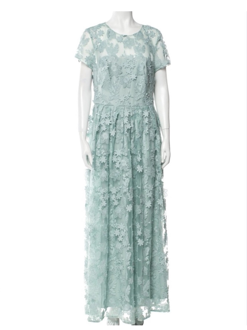 Monique Lhuillier Mint Green Lace Floral Maxi Dress